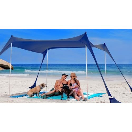 SUN NINJA Beach Tent Sun Shelter UPF50+ - Easy Pop Up Beach Canopy - Outdoor Shade for Camping Trips, Fishing, Backyard Fun Picnics - Sand Shovel, Ground Pegs & Stability Poles