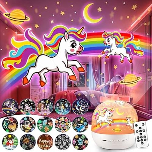Pikoy Unicorn Toys for Girls Gifts, 15 Films+15 Lullaby Sound Machine for Kids Night Light Projector, Remote+Rechargeable Night Light for Kids Gifts, 360 °Rotation Princess Mermaid Toddler Girl Toys