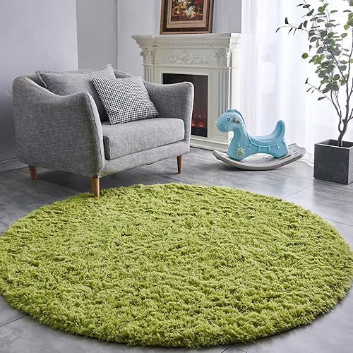 FJZFING Grass Green Round Rug Ultra-Soft Plush Modern 5x5 Circle Area Rug for Kid's Bedroom, Fluffy Shag Circular Rug for Nursery Room, Cute Grass Green Carpet for Teen's Room