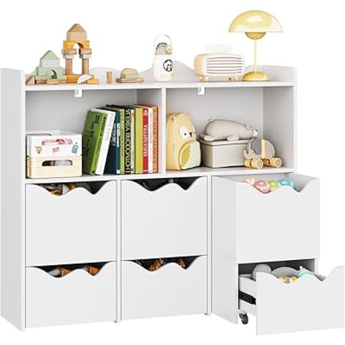 34.5" W Bookshelf with Toy Storage Cabinet, 4-in-1 Storage Shelf/Cube/Cabinet/Drawer/for Books and Toys, Bookshelf with 1 Display Shelf & 2 Open Cubbies & 3 Movable Chests & 3 Drawers(White)