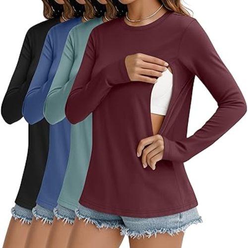 4 Pack Women's Nursing Breastfeeding Tops, Long Sleeve Maternity Shirts Loose Fit Hidden Zipper Pregnancy Clothes