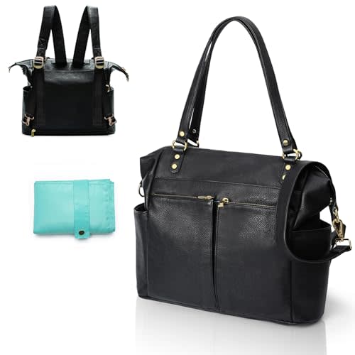 MOMINSIDE Diaper Bag Tote, 4 in 1 Leather Diaper Bag Backpack with 13 Pockets, Convertible Baby Bag Pañaleras Para Bebe for Mom Mommy Bag Hospital Bag, Changing Pad, 4 Large Insulated Pockets(Black)