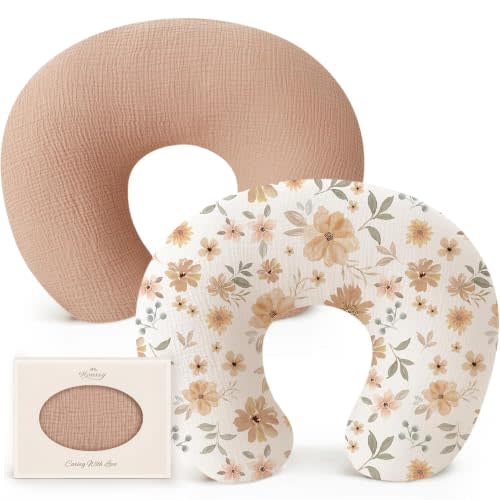 Konssy 2-Pack Muslin Nursing Pillow Covers, Toffee Soft Slipcover for Baby | Covers Only, 100% Cotton, Hidden Zipper, Washable, Breastfeeding Pillows Covers for Newborn Boys & Girls, (Toffee, Flourish)