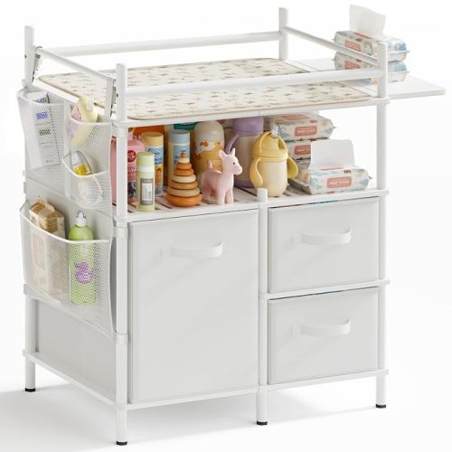 Amazer Baby Changing Table, Bamboo Baby Dresser Table with Flat Top, Diaper Changing Station with 3 Removable Storage Drawers, Large Storage Nursery Organizer Shelves with Pad, Mesh Pocket