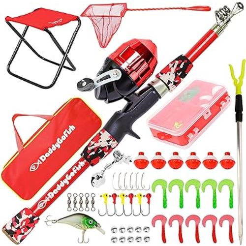 DaddyGoFish Kids Fishing Pole - Rod Reel Combo Tackle Box Starter Set - First Year Small Dock Gear Kit for Boys Girls Toddler Youth Age Beginner Little Children Junior Anglers