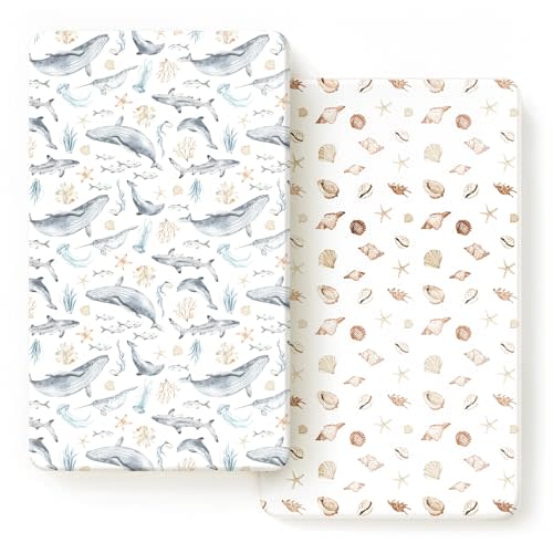 GRSSDER Stretchy Ultra Soft Jersey Knit Fitted Crib Sheets Set 2 Pack, Fit All Standard Crib Mattresses Safe and Snug, Beautiful Marine Organism for Boys and Girls
