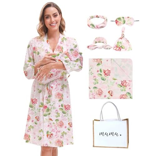 MORFORU Maternity Robe and Baby Swaddle Blanket Set, Mommy Delivery Robe Baby Blanket Hairband Hat Hairtie Hospital Bag