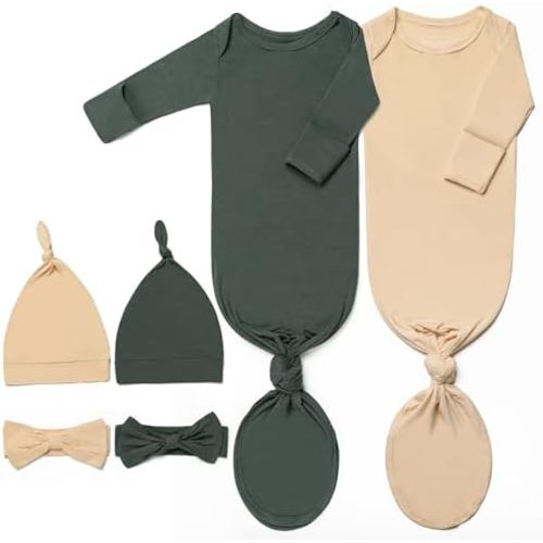 Newborn Baby Knotted Gown, Ultra-Soft Infant Sleeper Coming Home Outfit with Hat, Bowknot (2 Packs)