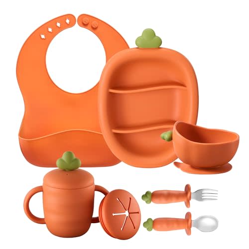 Silicone Baby Feeding Set, Carrot Design BLW Toddler Feeding Set with Suction Plate & Bowl, Bib, Fork & Spoon, 2-in-1 Straw and Snack Cup, BPA-Free Baby Tableware for Starting Solids