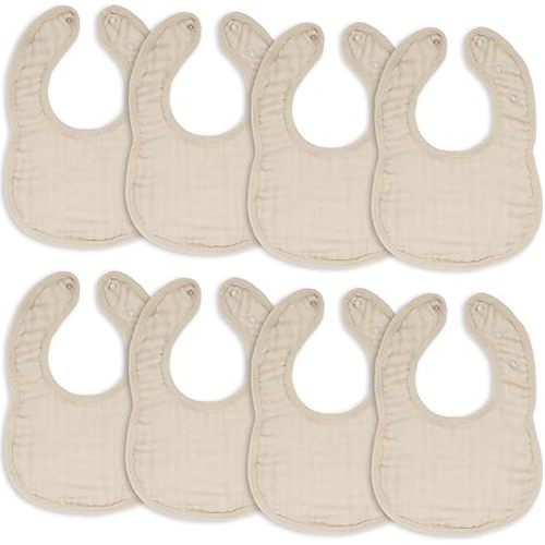 Comfy Cubs Muslin Bibs for Babies, Pack of 8 - Soft and Highly Absorbent, Feeding, Drool and Teething Bib, Adjustable Snaps - Stylish & Colorful Unisex Designs, Giftable Set - Sand
