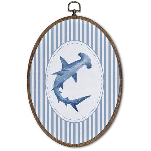 FLAWAFLOMA Vintage Nautical Nursery Oval Wall Art Decor, Kids Room Canvas Wall Art Framed, Retro Shark Hanging Decorations for Kids Toddler Boy Nursery Room Playroom Decor, 8.6x11.4 Inch