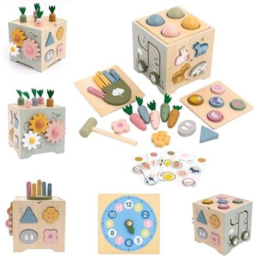 JSONS Montessori Toys for 1 Year Old, 8-in-1 Wooden Activity Cube, Learning Toy with Shape Sorter