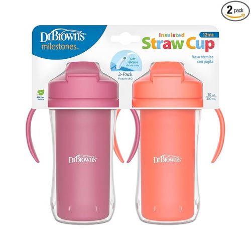 Dr. Brown's Milestones Insulated Sippy Cup with Straw and Handles, Spill-Proof Tumbler with Lid, Pink/Coral, 10 oz/300 mL, BPA-Free, 12m+, 2-Pack