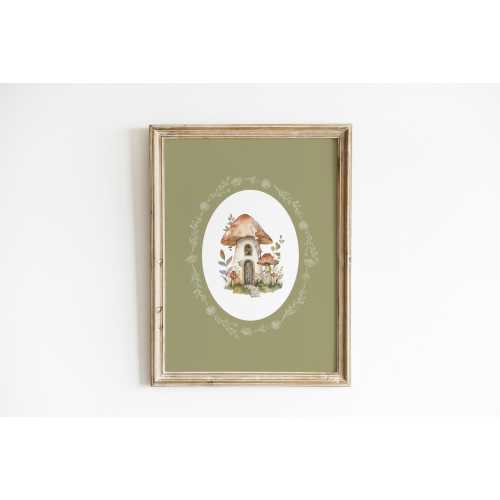 Whimsical Mushroom House Nursery Wall Art Green Floral Nursery Print Kids Fairytale Room Decor Woodland Nursery Boho Mushroom Print VAP13-A1