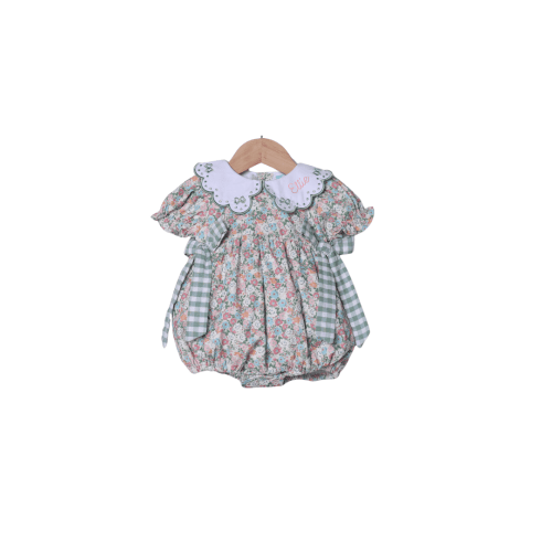 Embroidered Sage Green Floral Corduroy Bow Bubble