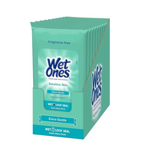 Wet Ones Sensitive Skin Hands and Face Wipes, 20 Count Travel Pack (Pack of 10)