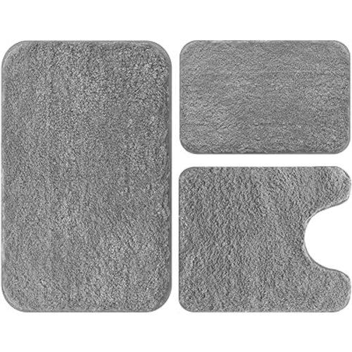 Bathroom Rugs Set 3 Piece Soft Absorbent Bath Rugs, Microfiber Bath Mats and U-Shaped Contour Toilet Rug with Non-Slip Rubber Backing Bath Rug Sets Thick Floor Mat,Bathroom Sets for Bathrooms,Grey