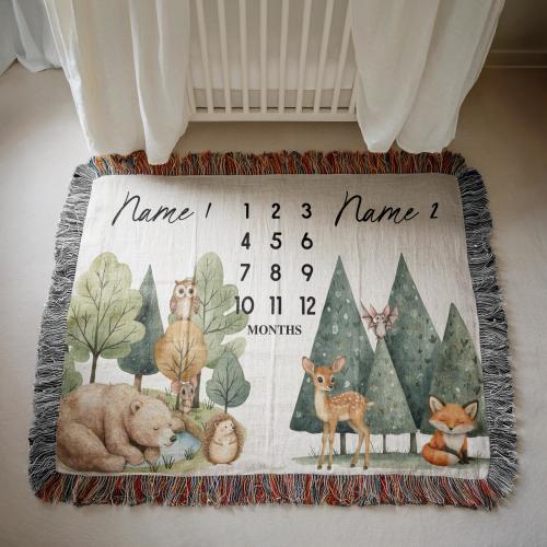 Twin Milestone Blanket, Woodland Baby Blanket, Forest Nursery Decor, Monthly Baby Photo Blanket for Twins, Custom Woven Blanket Two Babies
