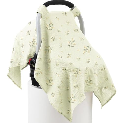 100% Muslin Cotton Car Seat Cover Baby, Carseat Canopy Cover, Universal Fit Stroller Covers for Boys and Girls (Green Beige Leaf)