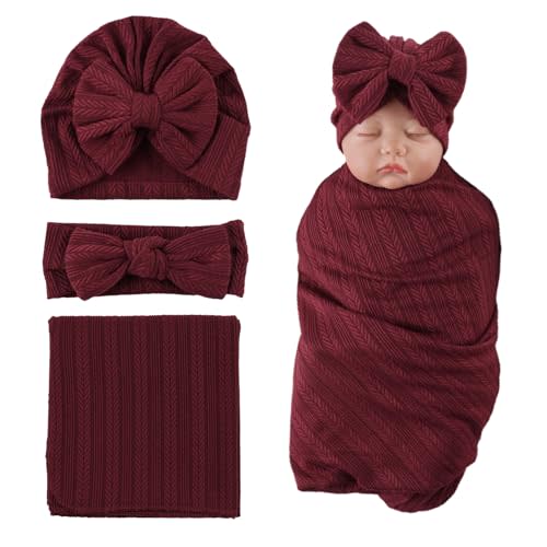 OMUKY Newborn Receiving Blanket Bow Headband and Beanie Set Baby Swaddle Receiving Blankets Baby Boy Girls Nursery Swaddle Wrap(Wine Red)