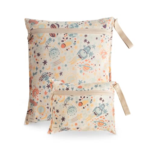 mushie Water Resistant Wet Bags | Large & Small Reusable Storage Bag for Baby Items and Travel | Zippered Pockets with Handle | Machine Washable, Set of 2 (Space)