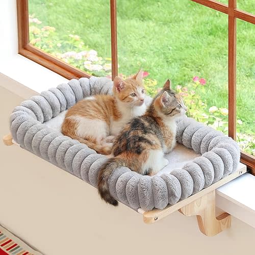 Zakkart SnugCloud Cat Window Perch with 4-Sided Bolster - Large Cat Hammock for Window Sill - Solid Hardwood & Metal Frame - Window Seat for Pets (Natural Color Wood w/Gray Bed, Large)