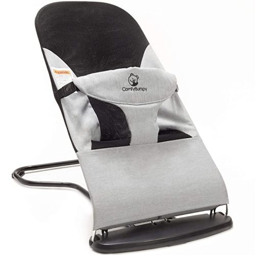 ComfyBumpy Ergonomic Baby Bouncer Seat - Bonus Travel Carry Case - Safe, Portable Bouncing Chair with 3 Adjustable Height Positions - Bouncy Seat Perfect for 8-20lbs Babies (Grey)