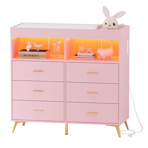 Babevy Changing Table Dresser with Drawers, Baby Dresser with Changing Table Top, Power Outlet, LED Light & Metal Feet, Diaper Changing Station Nursery Organizer for Infants Newborn, Pink
