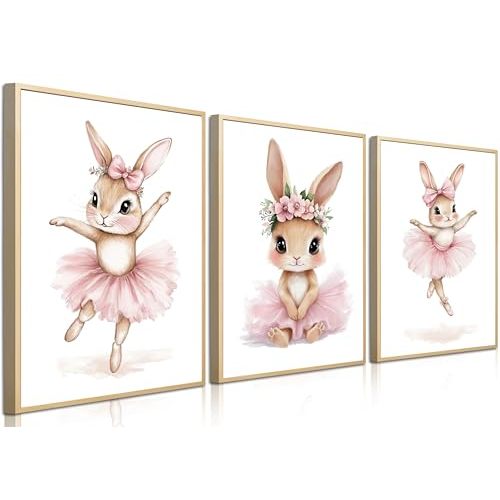 Baby Girl Nursery Wall Decor, Easter Nursery Canvas Wall Art Paintings Set of 3, Cute Animal Pink Bunny Posters Prints Pictures for Boys and Girls Room, Bedroom, Home Decor 12x16 In Framed