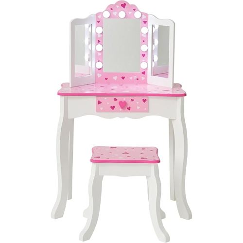 Teamson Kids Vanity Set for Girls with LED Lights, Tri-Fold Mirror, Stool & Drawer, Pretend Makeup Table for Toddlers, Heart Design, Wooden White Pink Princess Play Furniture, Ages 3+