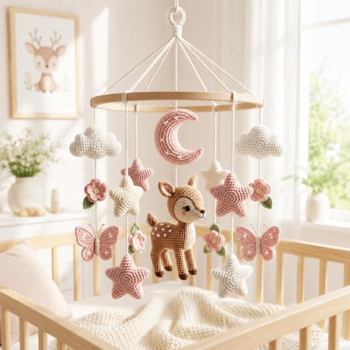 Deer Babby Mobile Crochet, Woodland Baby Mobile, Boho Crib Mobile with Woodland Felt Animals,Baby Girl Shower Gift