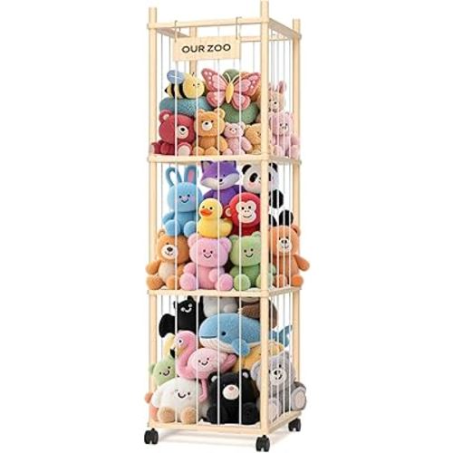 Stuffed Animal Storage: Wood Stuffed Animal Zoo, Stuffed Animal Holder with Mesh Net, Plush Toy Organizer Tube with Brake Wheels, Space Save Stuffed Animal Cage for Kids Room Playroom Nursery Bedroom