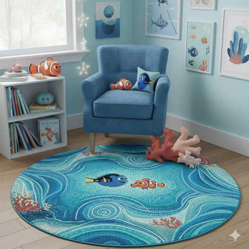 Nemo Rug, Aboriginal Dot Art Playmat, Undersea Blue | Low-Pile Velveteen | Nursery, Toddler