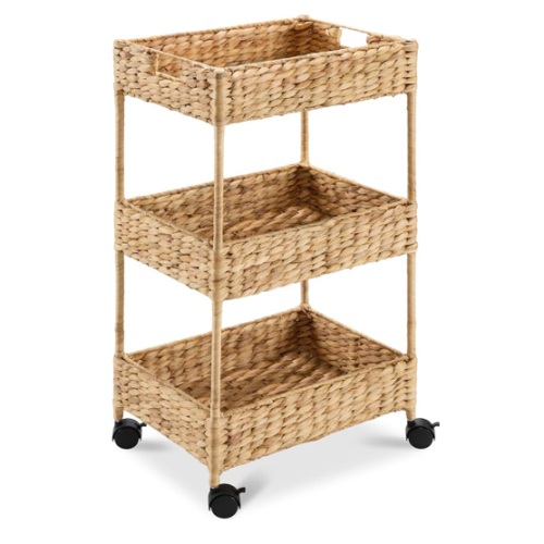 Best Choice Products 3-Tier Water Hyacinth Rolling Nursery Caddy w/Wheels, Utility Cart, Storage Organization for Bathroom, Craft Room, Laundry Room– Natural