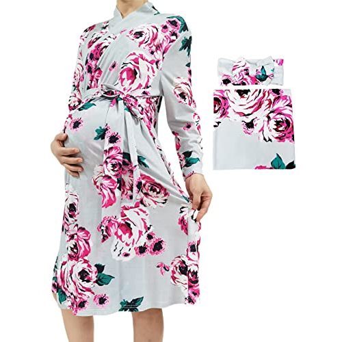 SUFEINI Maternity Robe and Matching Baby Swaddle Blanket Set, Mommy Robe with Receiving Blanket Girls Boys Sleepwear