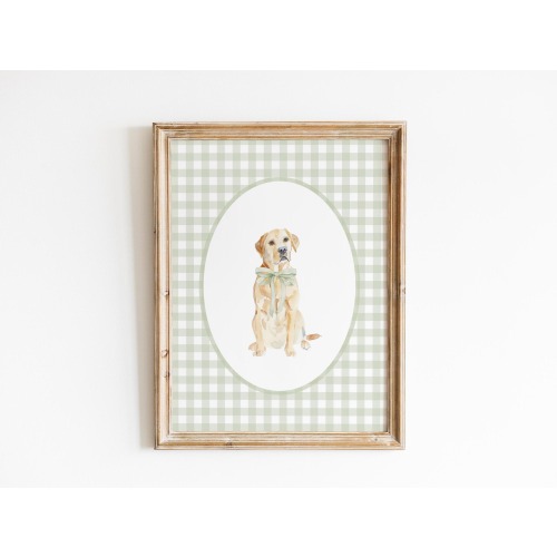 Yellow Labrador Retriever Nursery Decor, Watercolor Lab Dog Nursery Print, Baby Boy Nursery, Sage Green Gingham Wall Print, Girl Bow Art