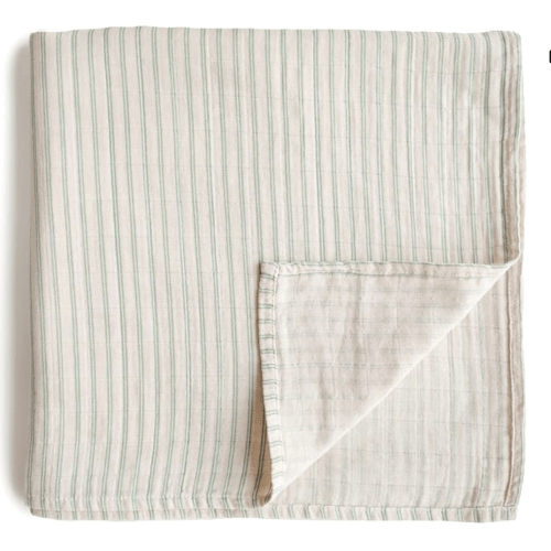mushie Muslin Baby Swaddle Blanket | 100% Organic Cotton (Color: Sage Stripe)