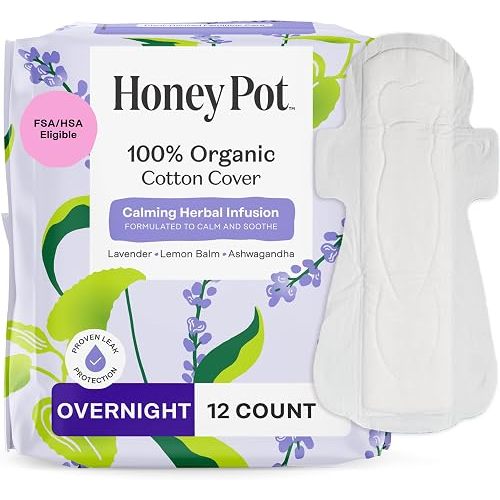 Honey Pot Calming Overnight Sanitary Pads for Women - 100% Organic Cotton Top Sheet - Feminine Care - Non Cooling - Calming Herbs of Lavender, Ashwagandha, & Lemon Balm - 12ct
