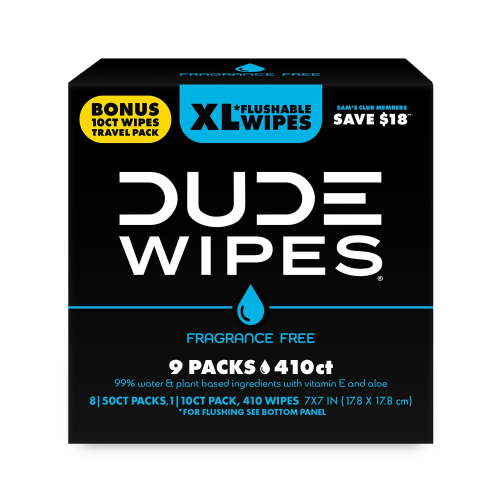 DUDE WIPES XL Flushable Wipes, Fragrance Free, Bonus Pack, 9 ct., 410 wipes