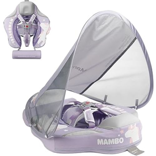 Mambobaby No-Flip Baby Pool Float with Canopy & Tail Non-Inflatable Swim Float for Infants, Pearl-Foam, UPF 50+ & Adjustable Safety Five-Way Harness, Skin-Friendly for Boys Girls 3-24 Months