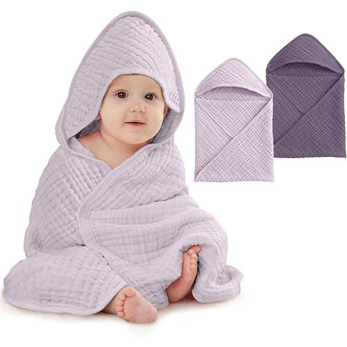 Unnivoll Hooded Baby Towels for Newborn - 2 Pack, 100% Muslin Cotton, Baby Bath Towels with Hood, Soft and Absorbent for Girls Infant, Toddler and Kids, Large 32x32 Inches, Newborn Essential