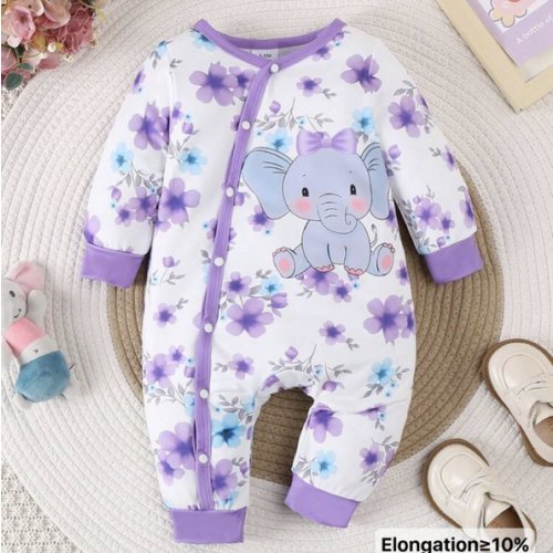 Baby Girl Cartoon Elephant Printed Long Sleeve Jumpsuit, Spring & Autumn | SHEIN USA