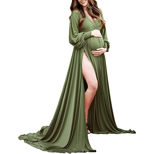 Dedysler Maternity Gowns Long Sleeves Baby Shower Dress for Photoshoot Wrap Split Sweetheart Maxi Photography