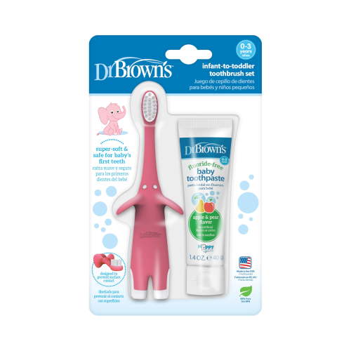 Dr. Brown's Infant-to-Toddler Training Toothbrush Set, Pink Elephant with Fluoride-Free Apple Pear Baby Toothpaste, 0-3 years (Colors May Vary)