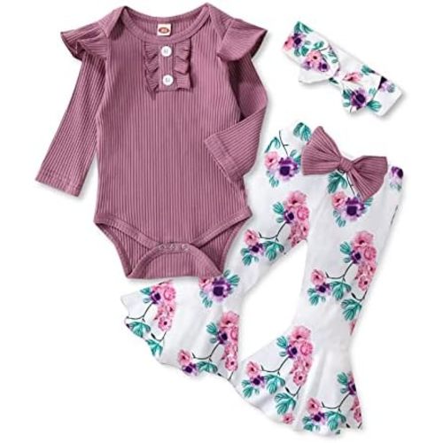 Kislio Newborn Baby Girls Clothes Ribbed Ruffled Romper+Floral Pants+Headband Infant Outfit Set