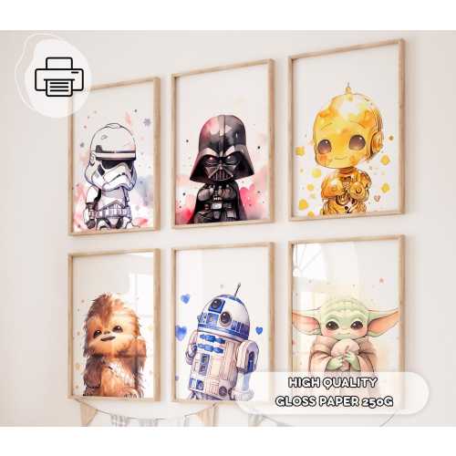 Set Of 6 Star Wars Wall Art - Chibi Star Wars Prints, Gift for Kids, Boys Room Decor, Baby Yoda Poster, Darth Vader, Movie Poster, Chewbacca