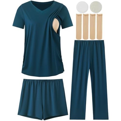 DANSHOW 5 Piece V Neck Maternity Nursing Pajamas Set Postpartum Pjs Breastfeeding Sleepwear, Nursing Breast Pads & Socks