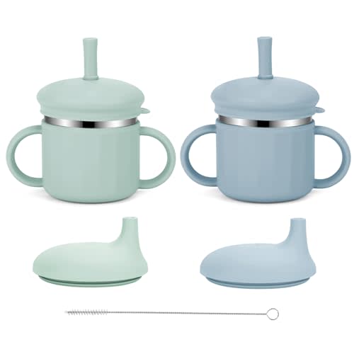 EsOfficce Upgrade Stainless Steel Baby Sippy Cups, 7.4 Oz Spill Proof Toddler Straw Cups, 3 Stages Training Cup for Toddlers 1-3 Year, Kid Cups with Silicone Sheel and Straws (Blue+Green)