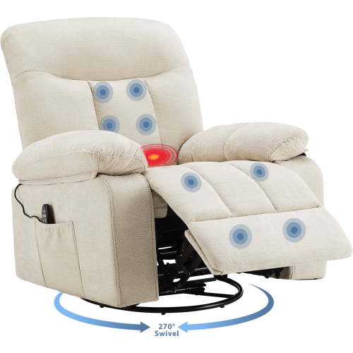 JIOABL Swivel Rocker Recliner Chair with Massage and Heat, Adjustable Recline, Chenille Fabric, Beige