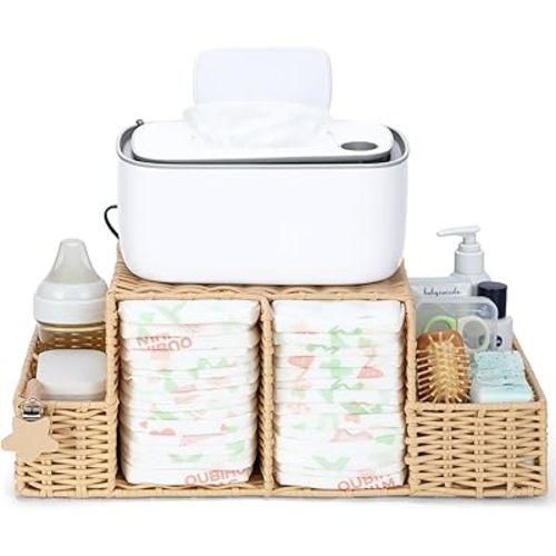 Diaper Caddy Organizer, Hand Rattan Nursery Storage Basket for Baby Essentials, Baby Changing Table Organizer Perfect Nursery Assistant, Natural-KX